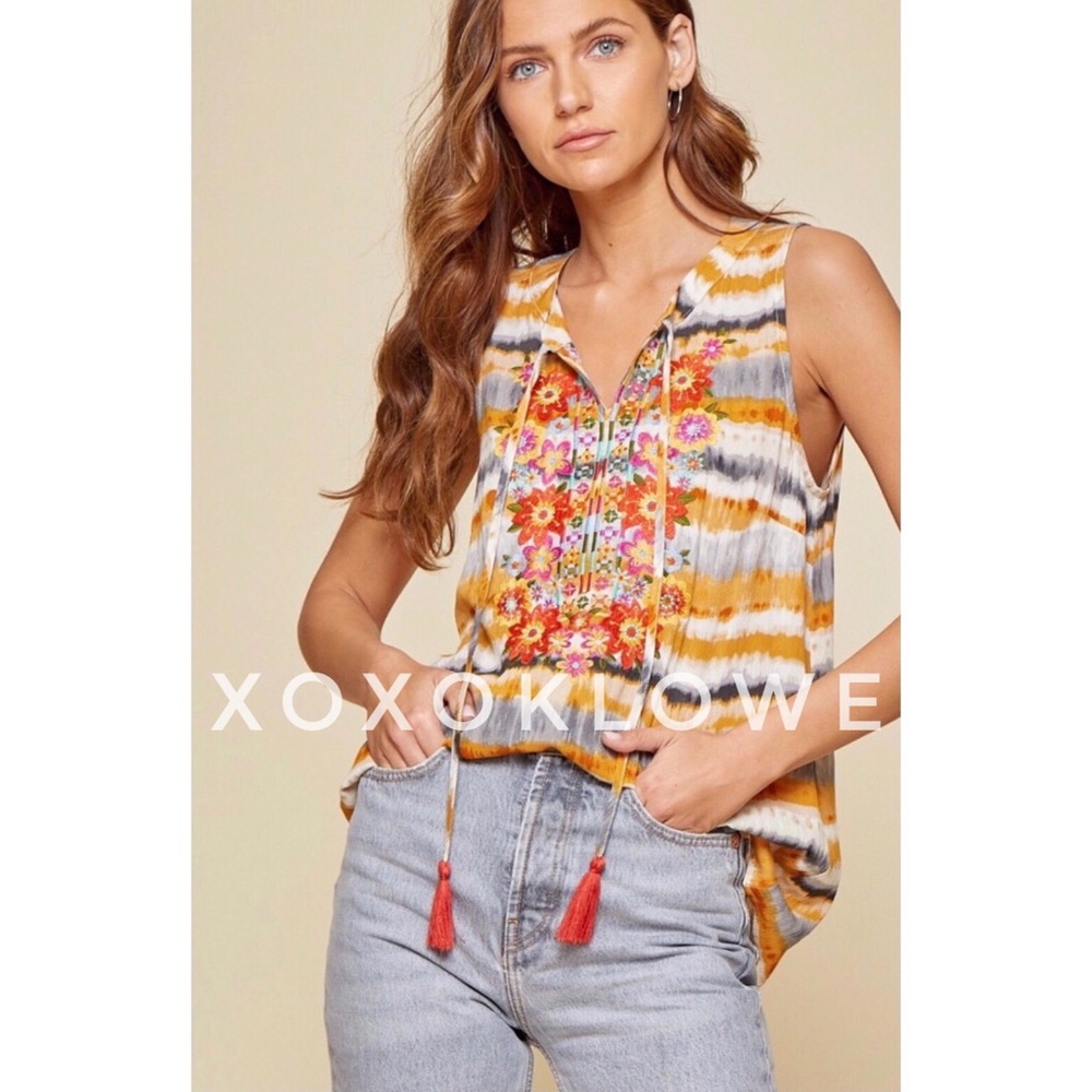 Savanna Jane Yellow & Cream Dip Dyed Embroidered Split Neck Top - Picture 9 of 12